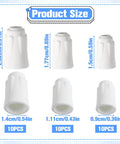 White high-temp ceramic wire nuts; 30 pcs in three sizes (10 each) shown in front/side views: large, medium, small.