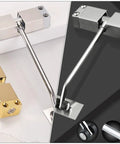 Automatic Door Closer For Home And School With No Fuss Install in silver aluminum alloy and steel, close-up view
