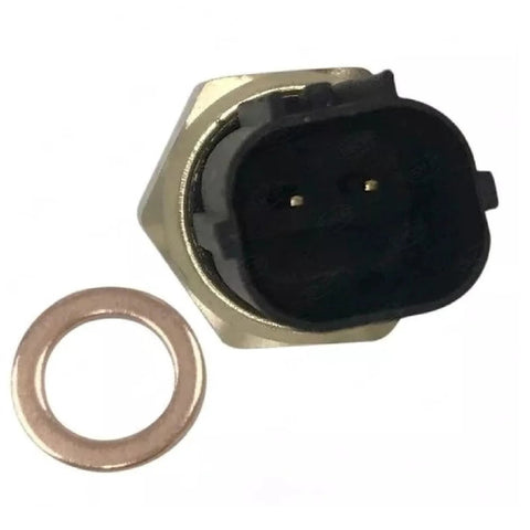 Engine coolant temperature sensor with black plastic head and hex metal body; copper washer included.