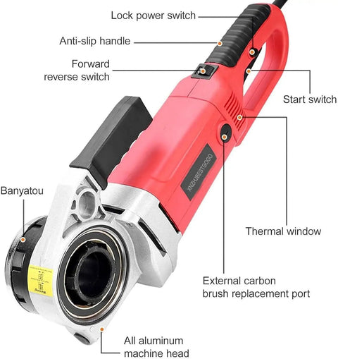 Heavy Duty Electric Pipe Cutter And Threader Kit With Six Dies For Water Gas Line Plumbing showing lock power switch and anti-slip handle.