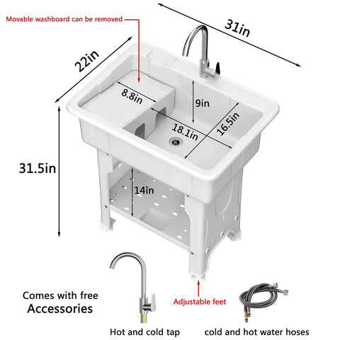 Freestanding Plastic Laundry Sink With Detachable Washboard And Hot And Cold Faucet Hoses And Drain Kit Indoor Outdoor Utility Sink