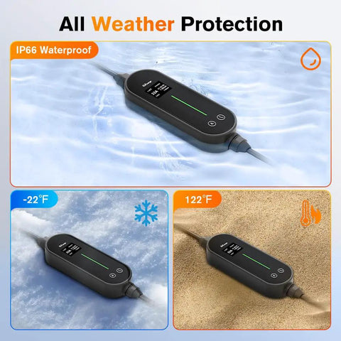 Plug And Play Portable EV Charger Level 1 And 2 With 21 Foot Cable Nema 14 50P Nacs Connector For Tesla Models 3 Y S X showing all weather protection features.