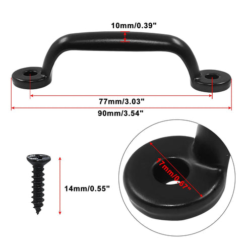10 Pack Mini Vintage Cabinet Pull Handles Set In Black Zinc Alloy Barn Door Style shown with dimensions and screw details.