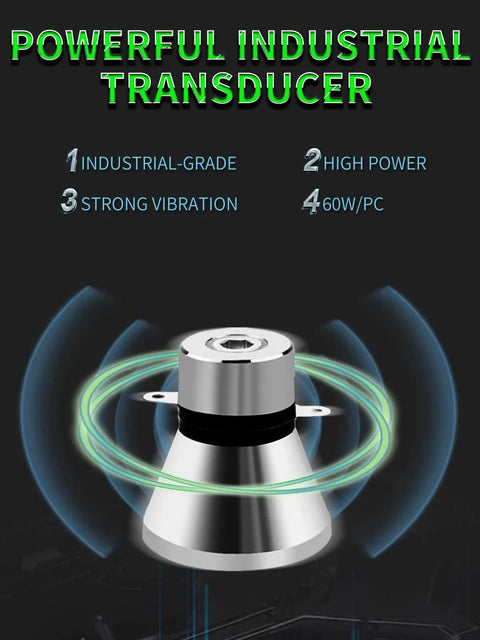 Powerful industrial transducer for 6L High Power Ultrasonic Parts Cleaner with 180W beefy cleaning power, enhancing performance.