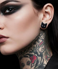 Black Cat Ear Gauges 5/8 Inch Stainless Steel Ear Tunnels With Dope Cartoon Cat Design And Purple Eyes worn by model