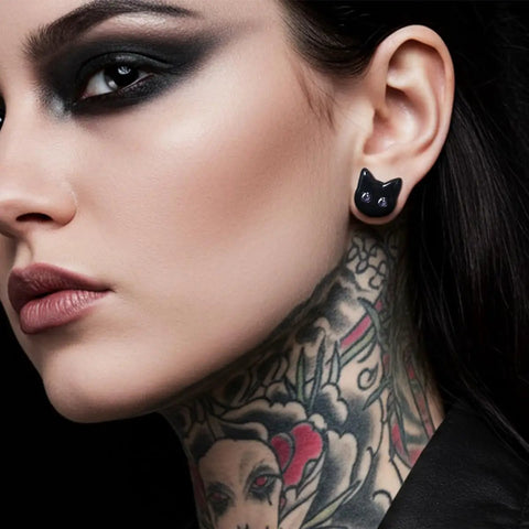 Black Cat Ear Gauges 5/8 Inch Stainless Steel Ear Tunnels With Dope Cartoon Cat Design And Purple Eyes worn by model