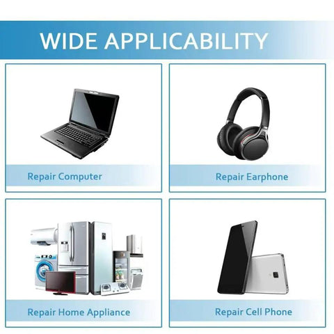 Wide applicability of 60W 110V Adjustable Temperature Soldering Iron Kit with images of computer, earphones, appliances, and phone repairs.