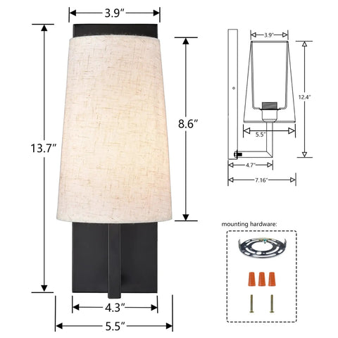 Dimensions and parts of Farmhouse Black Wall Sconces Set Of Two, Modern 1 Light Hardwired Matte Black Wall Lamp With Fabric Shade