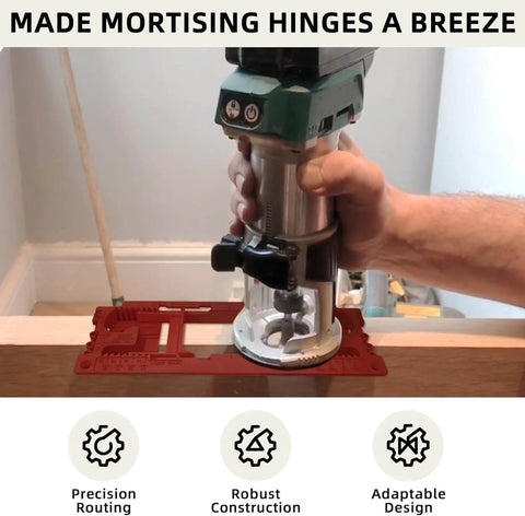 Upgraded Door Jamb Hinge Jig Fits Eight Size Range 2.5-6 In And Five Door Thickness 1.375-2.5 In shown with router on red jig.