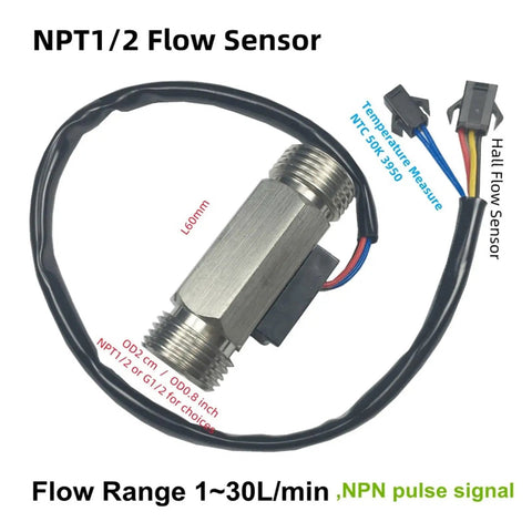 High-Precision Turbine Flow Meter Half Inch NPT Or G Half Inch Stainless Steel Water Flow Sensor For Liquids, 1 To 30 Liters Per Minute, Temperature Reading, 5 To 24 V DC Power, Easy Plug-And-Play Install And Pro Grade Accurate Monitoring.