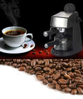 Top Shelf Espresso Coffee Machine With Quick Steam Milk Frother For Creamy Cappuccinos And Bold Lattes Compact Five Bar Brewer Hits Different For Daily Coffee Rituals next to steaming coffee cup and coffee beans.