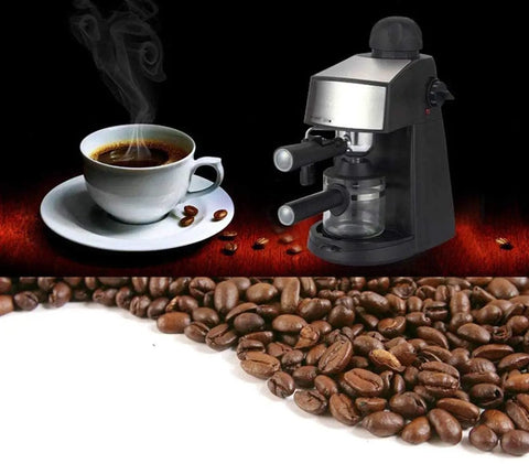 Top Shelf Espresso Coffee Machine With Quick Steam Milk Frother For Creamy Cappuccinos And Bold Lattes Compact Five Bar Brewer Hits Different For Daily Coffee Rituals next to steaming coffee cup and coffee beans.
