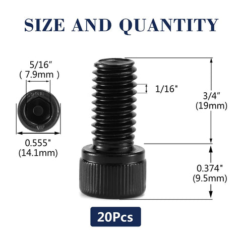 3/8-16 X 3/4 Inch Socket Head Cap Screws, 20 Piece 304 Stainless Steel Hex Bolts, Allen Key Drive, Full Thread Black Oxide Finish, Built Tough Rust Proof Hardware With Wrench Included, size and quantity details