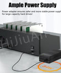 Ample power supply with adapter for Rock Solid 5 Bay Hard Drive Duplicator And Offline Clone Station ensuring stable power.