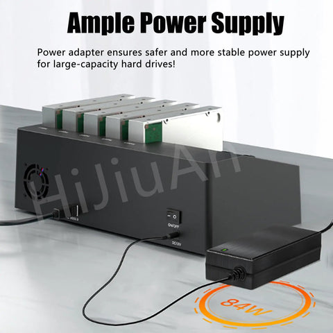 Ample power supply with adapter for Rock Solid 5 Bay Hard Drive Duplicator And Offline Clone Station ensuring stable power.