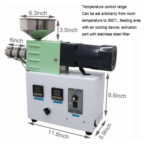 Heavy Duty Commercial 3D Printer Filament Extruder Recycler Machine Turns Discarded Plastic Into Smooth PLA ABS PETG TPU Line For No Sweat Weekend Hackers, showing dimensions and controls.