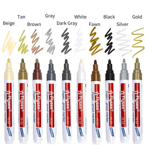 Ten colored tile grout pens including 'Five Pack Grout Pen Fixer To Renew Tile Lines And Restore Tile Walls And Floors In Bathrooms And Kitchens Fawn Color Waterproof Ink'