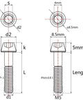 Diagram of Titanium M5x35mm DIN 912 Bolts 6Al4V Grade 5 Black Tapered Head 8.5x5mm 0.8mm Pitch dimensions and measurements