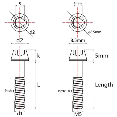 Diagram of Titanium M5x35mm DIN 912 Bolts 6Al4V Grade 5 Black Tapered Head 8.5x5mm 0.8mm Pitch dimensions and measurements