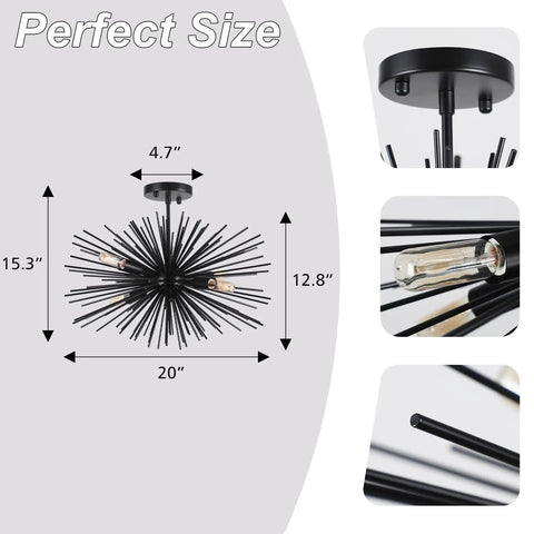 Black 20 Inch Sputnik Ceiling Light Fixture Over Table Four Lights Starburst Chandelier Modern Solid Metal