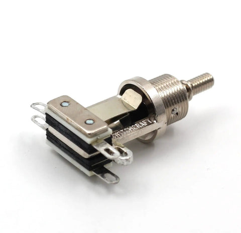 3 Way Toggle Guitar Switch With Cream Tip For Les Paul Style Guitars Easy Soldering Pre Tin Nickel Plated Durable Build Fits Epiphone And Narrow Body Les Pauls No Fuss Quick Swaps For Semi Hollow And Solid Body Electric Guitars, nickel-plated switch close-up