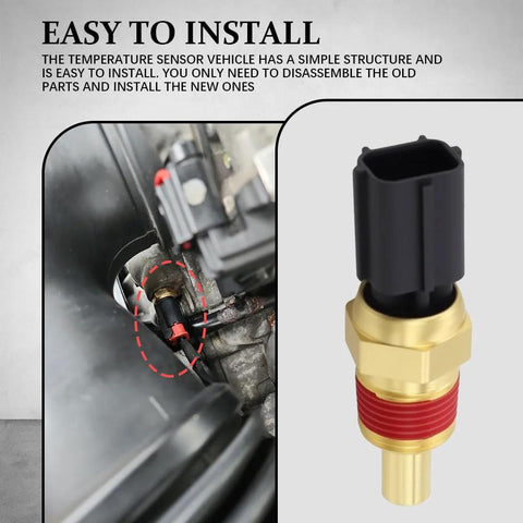 Rebvugr engine coolant temperature sensor – installed in engine bay; close-up of brass sensor with black connector