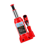 Heavy Duty Top Shelf Rock Solid Two Ton Hydraulic Bottle Jack in red with metal pump for garage and shop use.