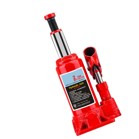 Heavy Duty Top Shelf Rock Solid Two Ton Hydraulic Bottle Jack in red with metal pump for garage and shop use.