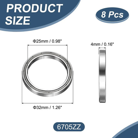 Eight Pack 6705ZZ Deep Groove Ball Bearings 25 X 32 X 4mm Chrome Steel Double Shield ABEC 5 size diagram