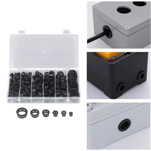 Super Cool Heavy Duty Nylon Cable Grommet Kit With 160 Pieces In Six Size Options For Fast Wire Management, Electrical Snap Insulating, And Diy Repair Jobs That Keep Your Home Or Car Looking Fresh And Safe. black nylon grommets in assorted sizes for drilled cable openings