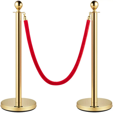 Velvet Rope Stanchion Set With Gold Posts And Ball Tops, 4 Piece Crowd Control Barriers, Red Velvet Ropes, 5 Ft Poles For Parties And Events