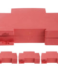 Heavy Duty Four Pack Fire Extinguisher Protective Housing With A Quick Snap Install And Slick Aerosol Shield shown in red, stackable design.