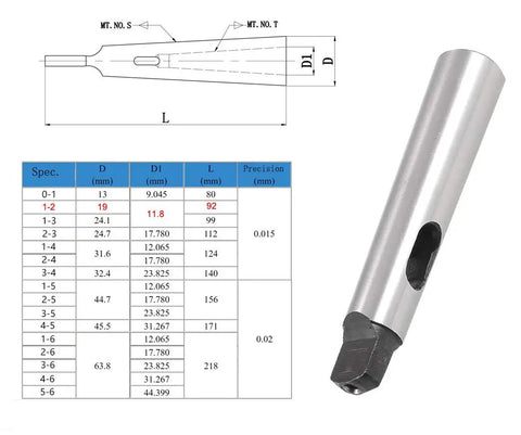 MT2 To MT1 Morse Taper Adapter Arbor Drill Sleeve Reducing For Lathe And Milling Projects 92mm Long in silver and black finish