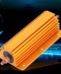 Beefy 200W 4R High Power Aluminum Housing Resistor For Industrial Equipment With Mounting Holes Heavy Duty Power Resistor For Power Supplies And Industrial Electronics Durable Component For Demanding Applications. orange finned resistor with mounting holes and threaded terminals