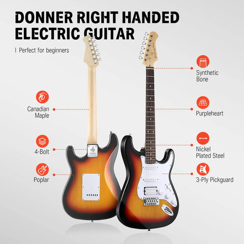 39 Inch Full Size Electric Guitar Kit Sunburst With Amplifier Gig Bag Capo Strap Extra Strings Tuner Cable Picks And HSS Pickups For Beginners And All Skill Levels featuring synthetic bone, purpleheart, and Canadian maple.