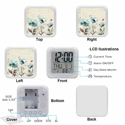 Works Like A Charm Digital Alarm Clock With Spring Blossom Cube Look showing LCD display and floral design from different angles.