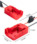 2 Pack Power Wheels Adapter For M18 18V Battery Dock With 12 Gauge Wiring, showing dimensions and wiring setup.