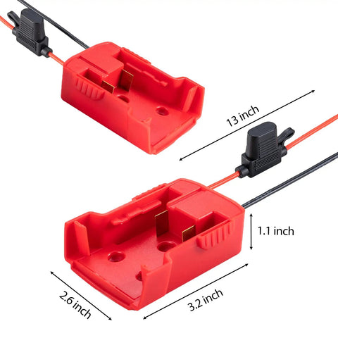 2 Pack Power Wheels Adapter For M18 18V Battery Dock With 12 Gauge Wiring, showing dimensions and wiring setup.