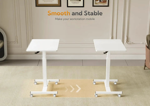 Mobile Standing Desk With Wheels For The Home Office Compact Rolling Workstation With Lockable Front Casters Pneumatic Height Adjustable Laptop Desk White