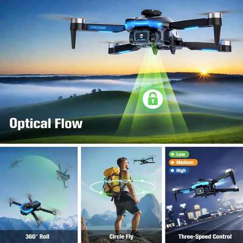 1080P Camera Mini Drone With Brushless Motors For Beginners Long Flight Time FPV Real Time Video Transmission depicted flying over a scenic landscape with three-speed control feature.