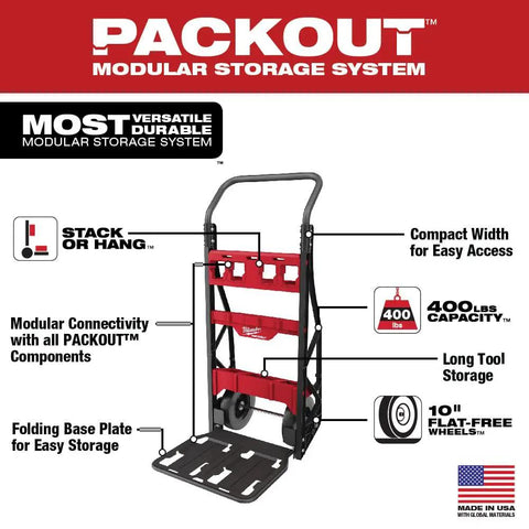 Milwaukee PACKOUT 2-Wheel Hand Truck Cart With Stackable Flat-Free Wheels And 400 Lb Load Capacity shown with modular design and features.