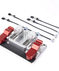 All In One Soldering Station And Welding Table Clamps with Ceramic Tips, aluminum base, shown with adjustable clamps for PCB repair