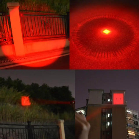 One Mode Red LED Flashlight High Power Red Light Torch For Night Astronomy Aviation Wildlife Watching And Night Observation Perfect For Hunting Camping And Wildlife Tracking No Spook For Wildlife Quiet Red Beam For Covert Use showing red light on various surfaces at night.