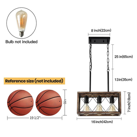 Industrial Farmhouse Three Light Pendant Ceiling Light With Wood Grain Finish alongside size comparison with basketball