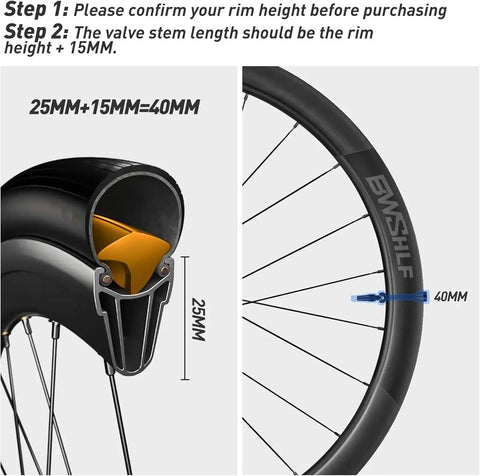 Diagram showing installation of Ultra Lightweight Tubeless Presta Valve Stem Kit For Bikes with 40mm length on rim.
