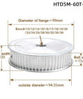 Rock Solid Htd5m Sixty Tooth Synchronous Timing Pulley With Af Keyway 15 Millimeter Face showing dimensions and design features.