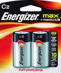 Heavy Duty Max C Alkaline Batteries Two Pack with Energizer branding, ideal for high drain electronics and guaranteed 10 year storage.