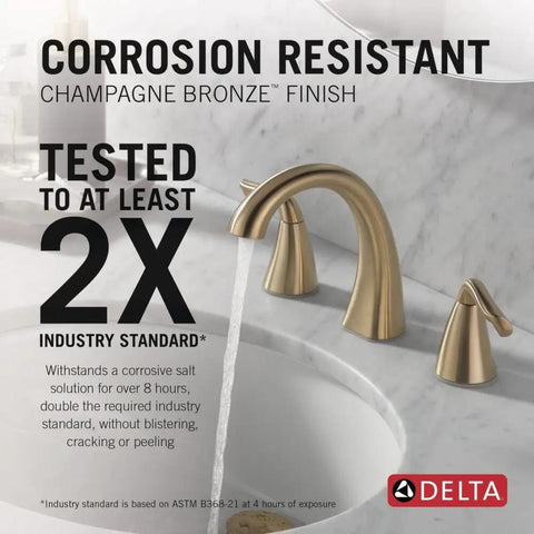 Brushed Gold 8 Inch Widespread Bathroom Faucet For Vanity With 3 Hole Sink Setup Champagne Bronze Finish Push Pop Drain Easy Diy Install Sleek Water Flow Model 35840LF-CZ showcasing corrosion resistance