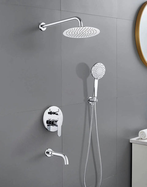 Wall-mounted Bathtub Shower Faucet Set With Valve And Tub Spout 10 Inch Rain Shower Head And Handheld System Chrome Finish