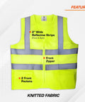 Hella Breathable Neon Yellow Knitted Safety Vest Class 2 High Visibility Construction Work Gear Featuring A Front Zipper And Dual Side Pockets For Big And Tall Contractors Who Demand Top Shelf Build Quality On The Job Site, showcasing reflective strips and pockets.